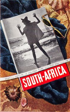 an advertisement for the south - africa sunbathing company, featuring a woman in a bathing suit and sunglasses