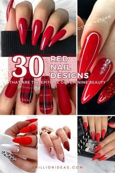 Red Nails And Designs, Classic Red Nails Design, Baddie Holiday Nails, Candy Apple Nails Red, Red Acrylic Nails Almond Shape, Red Art Nails, Red Nails Stiletto Almond, Red Almond Nails With Design, Candy Apple Red Nails Acrylic