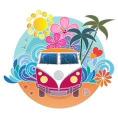 the vw van is parked on the beach with flowers and palm trees in the background