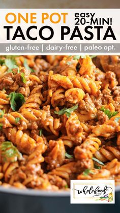 one pot taco pasta with text overlay