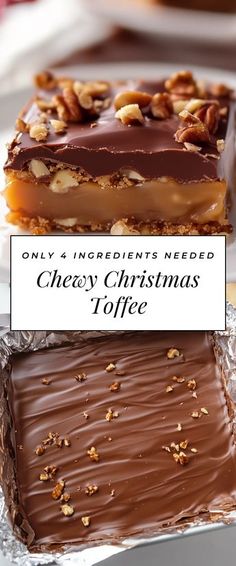 two pieces of chocolate and nuts on top of each other with the words, only ingredients needed for cheesy christmas toffe