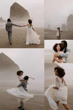 a couple is dancing on the beach in their wedding attire and holding each other's hands