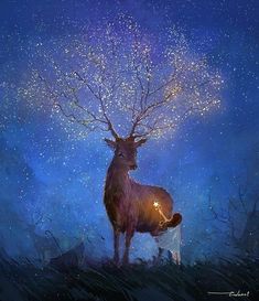 a painting of a deer standing in the middle of a forest at night with stars on its antlers