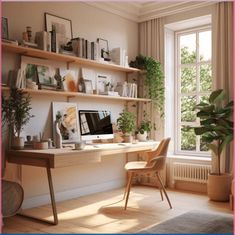 a desk with a computer on top of it in front of a window and bookshelf