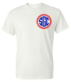 Customize front with your initials. (font will be what is displayed) Customize back with your favorite player's name number. (font will be what is displayed) Stitches will be red ... Click HERE for processing and terms. Baseball Stitch, Circle Monogram, Lettering Fonts, First Names, Tshirt Colors, Color Design, Colorful Shirts, Initials, Monogram