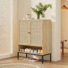 a wooden cabinet with shoes on it and a potted plant in the corner next to it