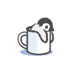 a black and white drawing of a bird in a mug