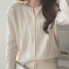 Women's Loose Hollow Knitted Cardigan - Maple White Outfit Casual, White Cardigan Outfit, Hollow Sweater, Ivory Cardigan, Crew Neck Cardigan, Textured Cardigan, White Crewneck, Soft Cardigan, White Crew Neck