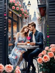 a man and woman sitting at a table in front of some pink roses, holding each other