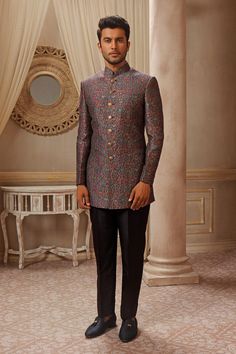 Bandhgala paired with a black trouser for men Button Placket, Traditional Outfits, Color Blue, Multi Color, Long Sleeve Blouse, Trousers, Sleeve Length