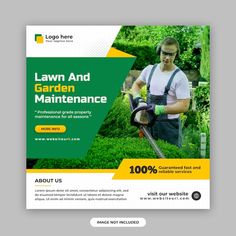 a lawn and garden maintenance flyer with a man in overalls working on the grass