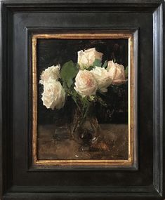 a painting of white roses in a glass vase