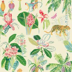 a wallpaper with tropical flowers and jungle animals on it's white back ground