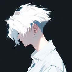 an anime character with white hair and blue eyes looking off to the side in front of a black background