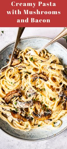 creamy pasta with mushrooms and bacon on a plate