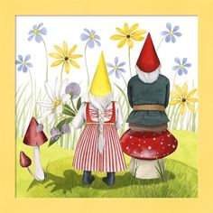 two gnomes sitting in the grass with flowers and mushrooms behind them, one is wearing a red hat