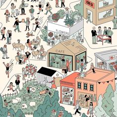 an illustrated drawing of people walking around in the city