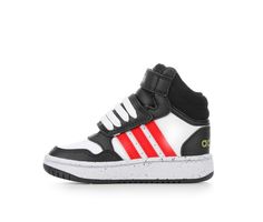 Synthetic leather upper with padded collar and fabric lining, Dual adjustable Velcro straps for a secure fit, Classic round toe, Absorbent fabric lined insole, Durable rubber midsole and outsole with traction pattern, adidas® branding details including iconic three stripes | Boys' Adidas Toddler Hoops Mid 3.0 Sneakers in Black/Red/Speck Size 5 - Toddler Scratch-resistant High-top Sneakers For Training, Adidas Sneakers For Basketball With Round Toe, Adidas Round Toe Sneakers For Basketball, Adidas Round Toe Basketball Sneakers, Adidas Round Toe Basketball Shoes, Sporty Scratch-resistant High-top Sneakers, High-top Scratch-resistant Skate Shoes, Adidas Casual Basketball Sneakers, High-top Scratch-resistant Basketball Shoes