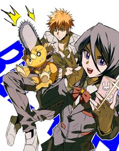 two anime characters are holding teddy bears and one is looking at the camera while another looks on