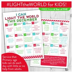 FREE DOWNLOAD // A great Service Calendar from the #LIGHTtheWORLD campaign made especially for KIDS! Each day has a simple task that Primary-age children can do with little or no help from adults. What a great way to get small kids involved! #LDS Lds Light The World, Lds Christmas, Light The World, Ward Christmas Party, Calendar For Kids, Activity Day Girls, Life Hackers, Christ Centered Christmas, Christmas Service