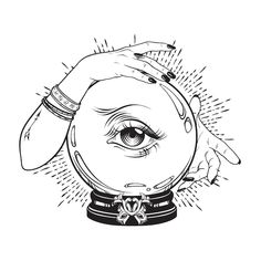 an eye looking through a glass ball with hands holding it in black and white ink