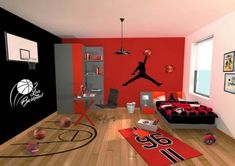 a basketball themed living room with hardwood floors