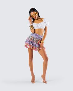 Stay wild bby 😌✌️This paisley tiered micro mini skirt made from plain weave fabric and complete with a fit & flare style is the perfect look to let your hippie flag fly 🌸 Flirty Mini Skirt For Vacation, Vacation Mini Ruffled Skirt, Summer Bohemian Ruffled Shorts, Bohemian Ruffled Shorts For Summer, Bohemian Ruffled Shorts For Spring, Casual Paisley Print Skirt For Vacation, Vacation Ruffled Mini Skort, Flirty Flowy Mini Skirt For Vacation, Summer Tiered Skirt With Paisley Print