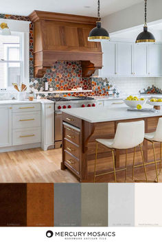 a kitchen with white cabinets and wooden floors is featured in this color scheme from mercurry mosaics