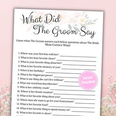 what did the groom say game with flowers on pink background and white text that reads, what did the groom say?