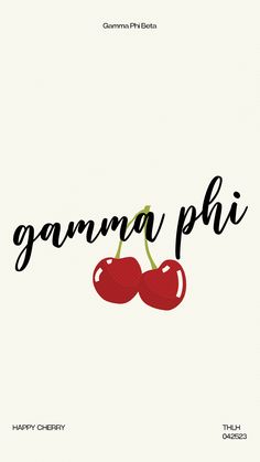 two cherries are sitting on top of the word granna pihi in black ink