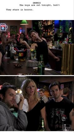 two pictures of people sitting at a bar and one has a drink in his hand