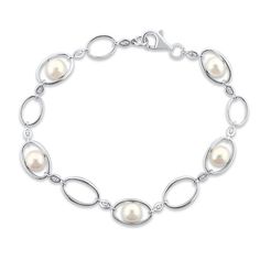 This classic bracelet showcases a gorgeous link design set in stylish sterling silver. Round freshwater cultured pearls alternate with channel-set round-cut white lab-created sapphires for a chic look. The bracelet measures 7.5 inches and secures with a lobster clasp. Link Design, Classic Bracelets, Sapphire Bracelet, Bracelet Sterling Silver, Pearl Types, Freshwater Cultured Pearls, Sapphire Stone, Bracelet Clasps, Design Set