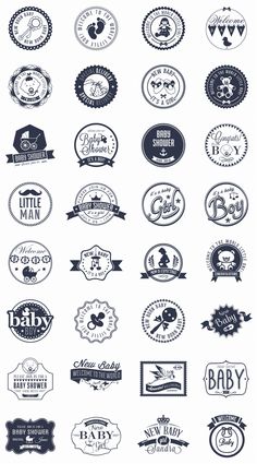 a bunch of different types of badges and stickers on a white background, all in black and white