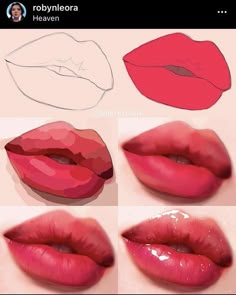 the steps in how to draw lips with different shapes and colors, including red lipstick