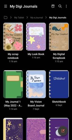 an iphone screen showing the different books on it's display, including notebooks and journal pages