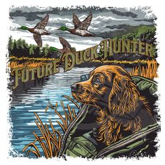 a dog is sitting in front of a lake with ducks flying over it and the words future