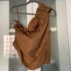 Brown One Shoulder Top With Dramatic Ruffle. Zips On Side. This Fits Like A Small. Burnt Orange Top, One Shoulder Ruffle Top, Ruffle Tank Top, Orange Top, Sequin Tank, High Neck Tank Top, High Neck Tank, Halter Neck Top, Flowy Tops