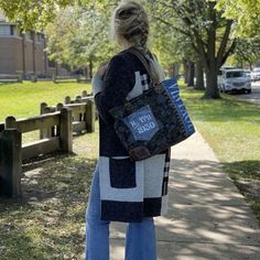 Casual Denim Blue Shoulder Bag With Leather Handles, Casual Blue Upcycled Bags, Casual Bags With Snap Closure For Fall, Everyday Bag With Snap Closure For Fall, Casual Upcycled Shoulder Bag For Daily Use, Blue Shoulder Bag For Daily Use In Fall, Casual Hobo Bag For Fall Season, Casual Hobo Bag For Fall, Casual Upcycled Tote Bag