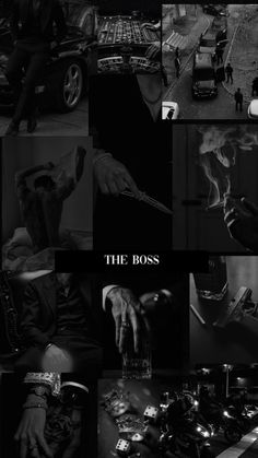 black and white collage with the words, the boss