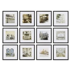 nine black and white pictures hanging on the wall in front of each other, all displaying different buildings