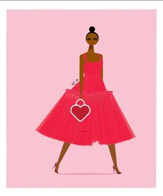 a woman in a pink dress with a heart on it