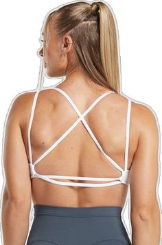 White Yoga Activewear With Straps, White Strapped Activewear For Yoga, White Strapped Yoga Activewear, White Strappy Yoga Activewear, Casual Cross Back Sports Bra, White Cross Back Sports Bra For Workout, Casual Sports Bra With Cross Back, White Cross-back Sports Bra For Workout, Summer Cross Back Sports Bra