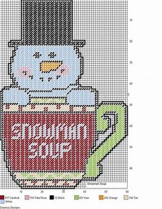 a cross stitch pattern with a snowman in a mug