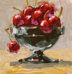 a painting of cherries in a black bowl