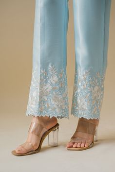 Powder Blue Combinations, Bottom Designs Pants For Suits, Embroidery Designs For Pants, Pant Embroidery Design, Choli Blouse Design, Women Trousers Design, Lace Blouse Design, Light Blue Suit, Suit Salwar