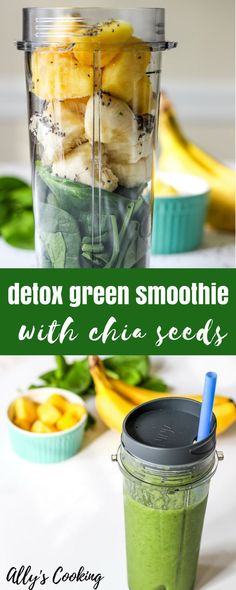 Detox Green Smoothie with Chia Seeds via @Ally\\\'s Cooking Detox Green Smoothie, Resep Vegan, Best Healthy Smoothie Recipe, Chia Seed Smoothie, Fresh Fruit Smoothies, Chia Seed Recipes, Smoothie Detox