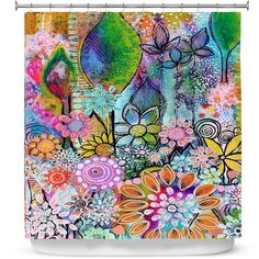 a colorful shower curtain with flowers and leaves on the outside, in front of a white background