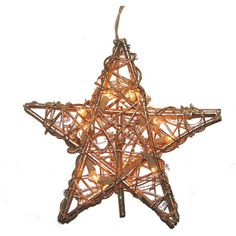 a star shaped christmas ornament made out of string and light bulbs on a white background