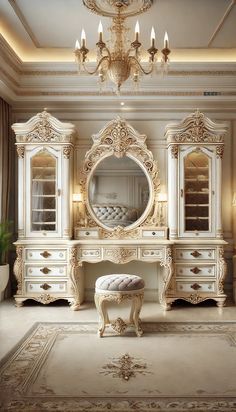 an ornate white dressing table with mirror and stool