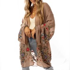 Nothing Is More Fun Than A Kimono Covered In Floral! This Perfect Layering Piece Features A Sheer Fabric In A Longline Silhouette With Accents Of Crochet Florals In Multicolors Along The Hem And Wide Sleeves. Model Is 5'8" And Wearing A One Size. 100% Polyester Os Sizing Fits Most* Sizes Us 0-18 Length: 38 In Bust Across: 25 In Sleeve Length: 17 In Sleeve Opening: 11 In Our Boutique Is Filled With A Curated Collection Of Styles: Spell Gypsy Boho Bohemian Hippie Retro Vintage Handmade Coachella F Kimono And Jeans, Embroidered Kimono, Beautiful Kimonos, Boho Kimono, Print Kimonos, Wrap Cardigan, Cardigan Top, Sheer Fabric, Weekend Wear